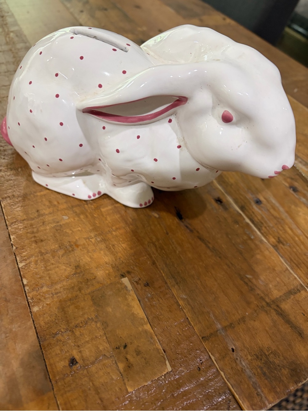 Vintage Tiffany Ceramic White Bunny Bank with Pink Polka Dots